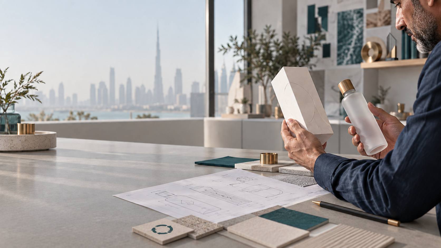 A packaging specialist at his desk in a Dubai office, holding a white carton and a frosted bottle over technical drawings and material samples; the city skyline behind him.