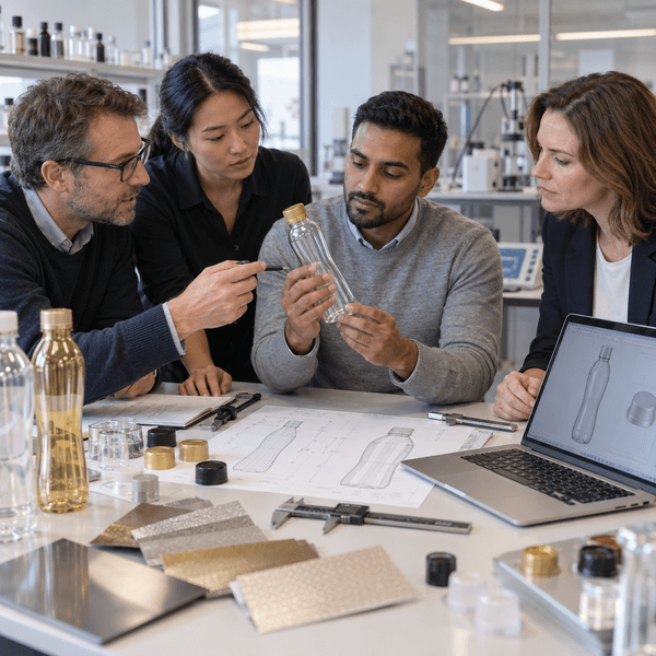 A packaging development team at a lab table, examining a PET bottle over technical drawings, closures, material samples and a laptop showing a bottle model.